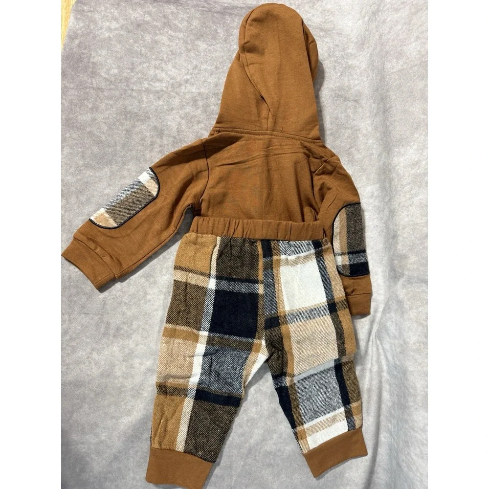 Renotemy Baby Boy 2 PC Set Hoodie Long Sleeve Jumpsuit Pants Brown Size 0–3M